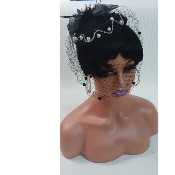 Accessories - Vintage Style Black Fascinator Hat Birdcage Veil Rhinestone Faux Pearl Bow Clip